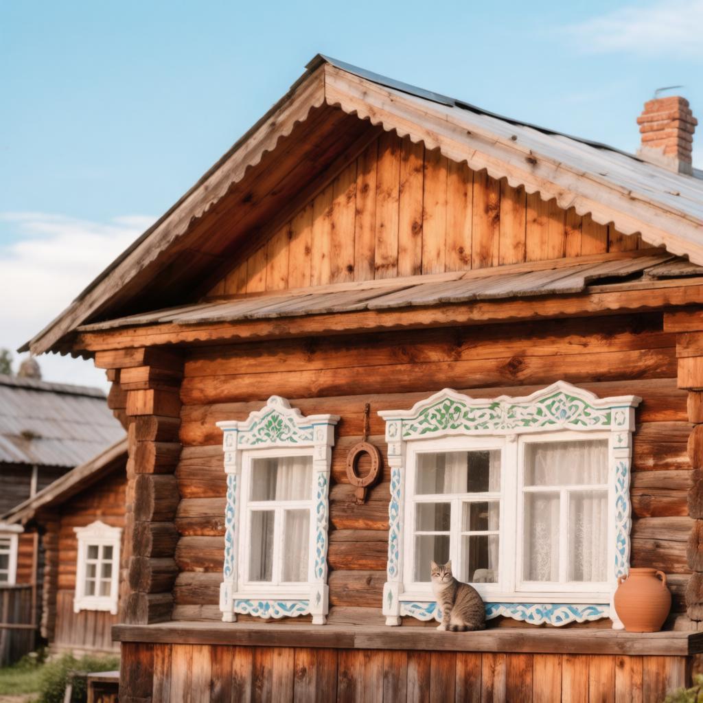 Деревенская изба на закате, хозяев с работы ждет рыжий кот