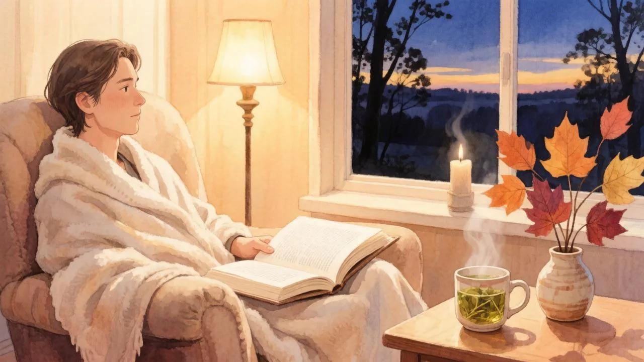 Человек с книгой и чаем в уютном кресле вечером — иллюстрация к отдыху в гороскопе