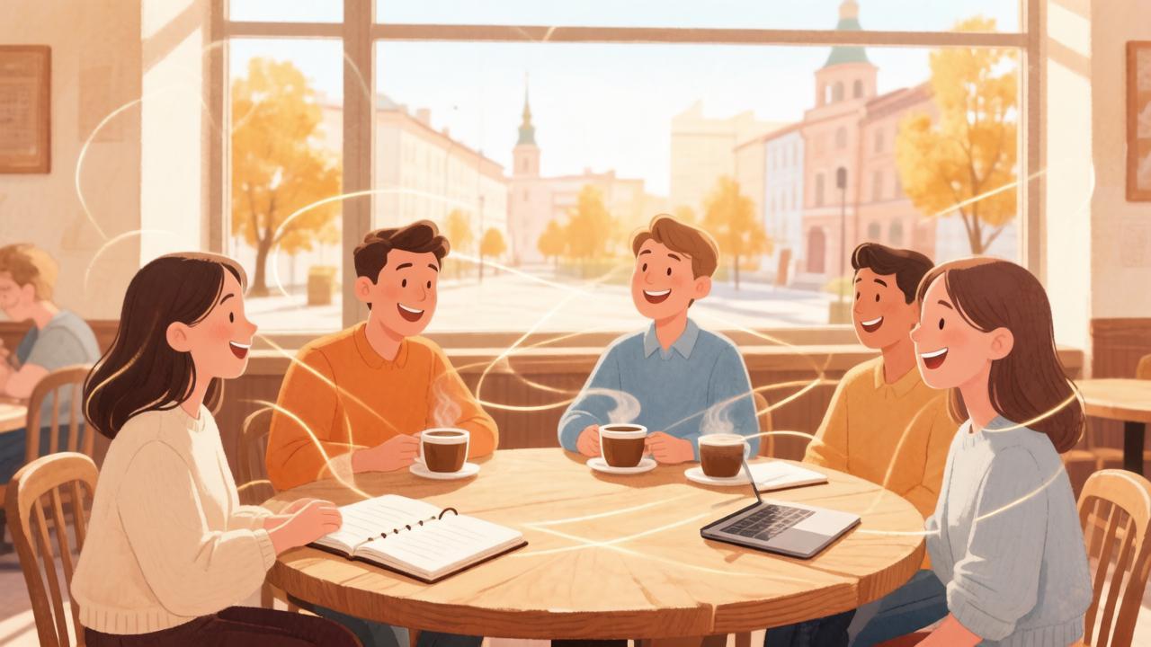 Люди беседуют за круглым столом в кафе — иллюстрация к общению и поиску союзников в гороскопе