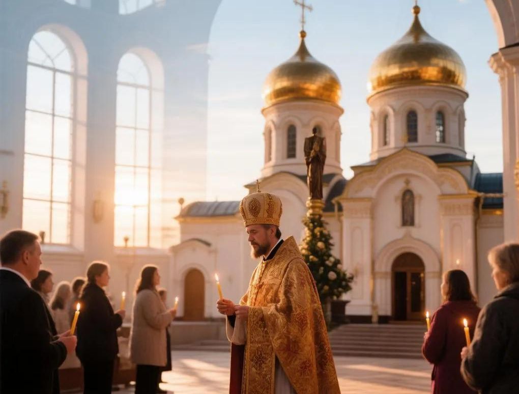 Священник ведёт службу в честь святых Киприана и Иустины в православном храме.