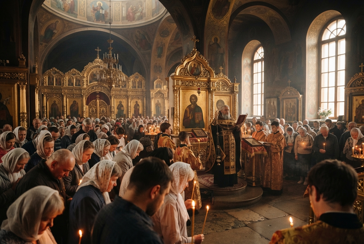 Священник ведет службу в честь апостола Иоанна Богослова в православном храме.