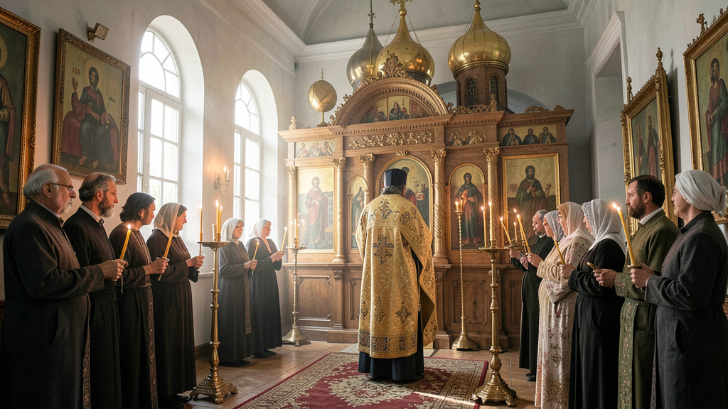Священник ведёт службу в честь Дионисия Ареопагита в православном храме.
