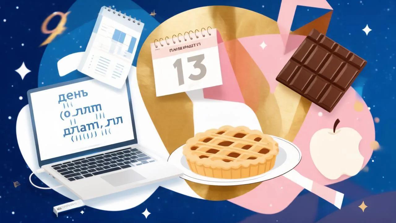 Коллаж из символов праздников 13 сентября: компьютер, пирог, календарь и шоколад на звёздном фоне