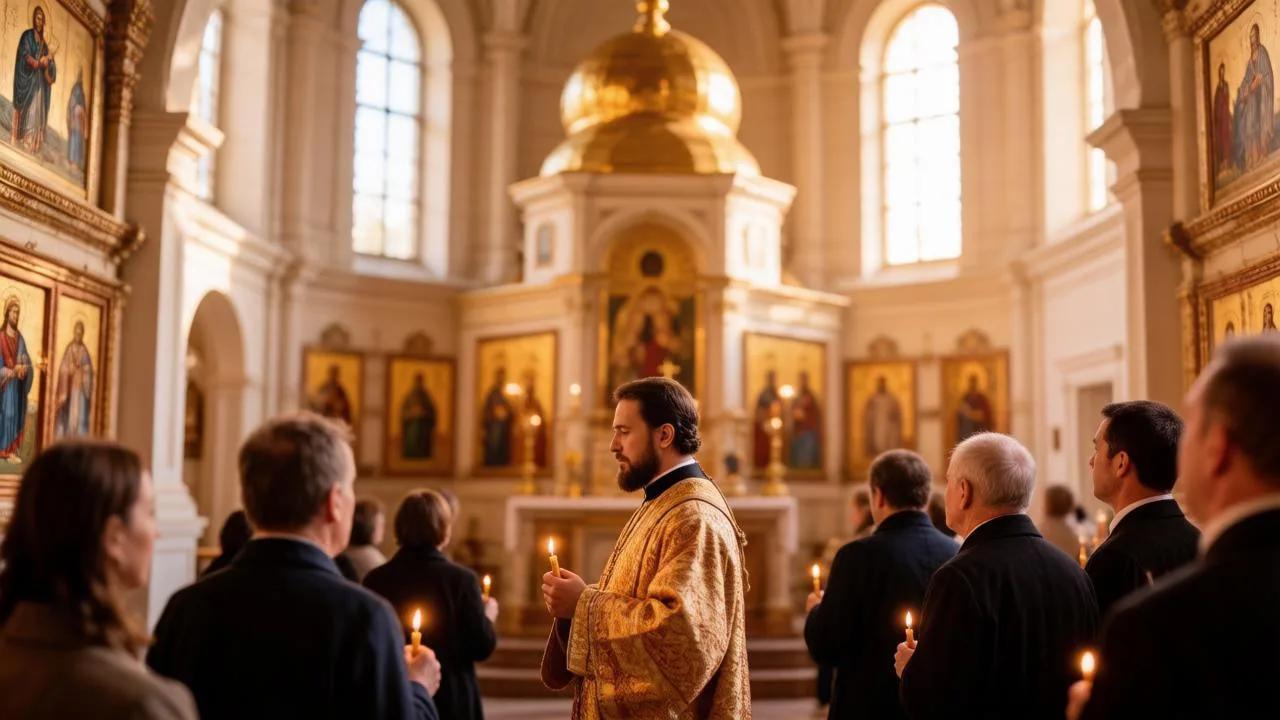 Священник ведет службу в честь пророка Ионы и мученика Фоки в православном храме.