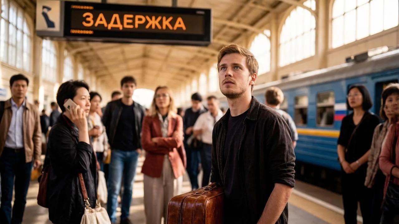 Мужчина ждет поезд с задержкой на вокзале, гороскоп на неделю о задержках в пути.
