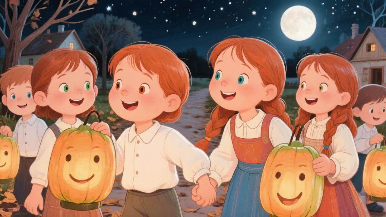 Народная иллюстрация: дети несут вырезанные фонари из репы с добрыми светящимися лицами, идут по деревенской тропинке под полной луной и звёздами. Атмосфера игривая и немного таинственная.
