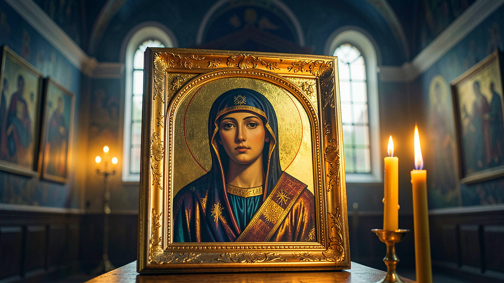 Икона Смоленской Божией Матери «Одигитрия» с горящей свечой на фоне храма — иллюстрация к православному празднику 10 августа.