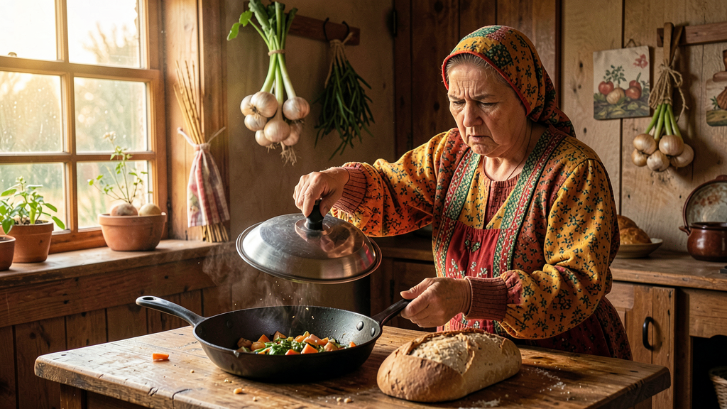 Женщина закрывает кастрюлю крышкой в избе — иллюстрация к запретам дня Евстигнея Житника.
