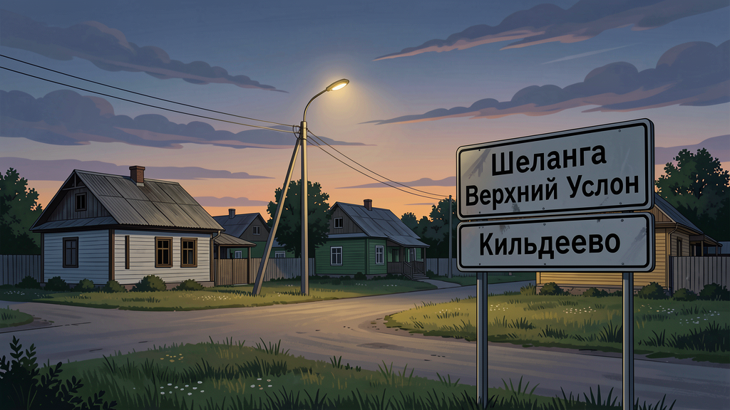 Сельский пейзаж с тёмными домами и дорожным указателем — иллюстрация к населённым пунктам, где пройдут плановые отключения электроэнергии.