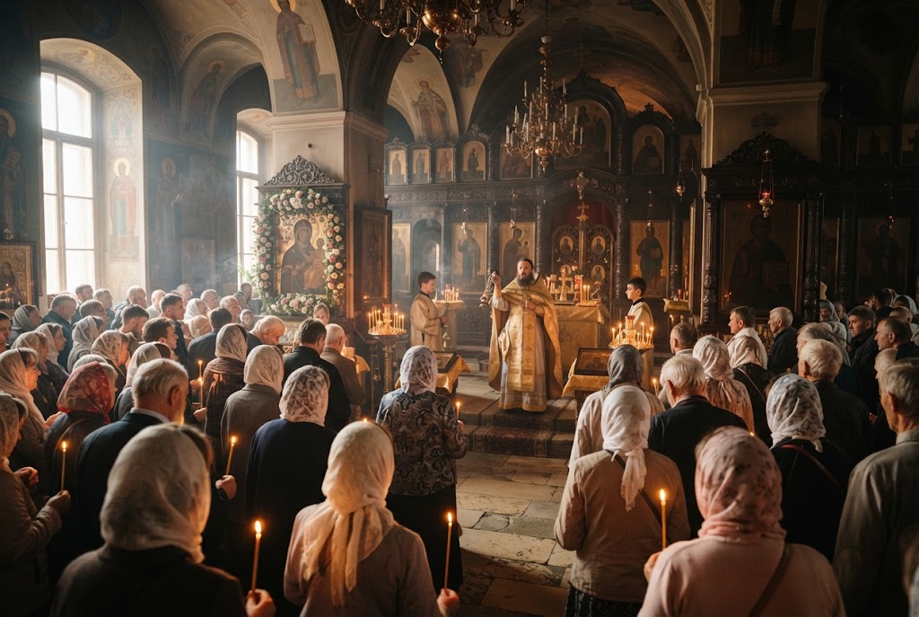 Священник ведет службу в честь преподобного Сергия Радонежского в православном храме.