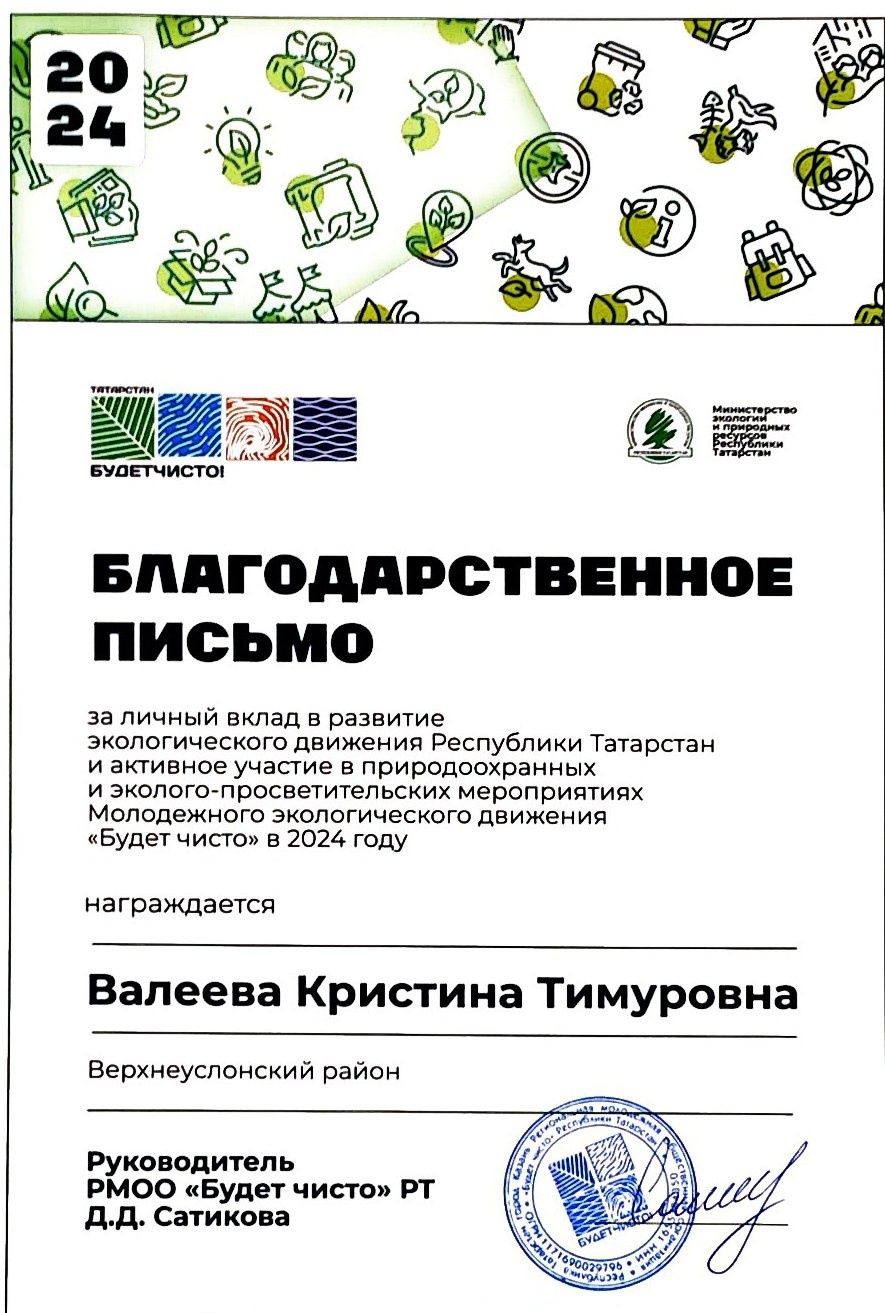 Педагоги Верхнеуслонской «Радуги» получили Благодарственные письма за развитие экодвижения в Татарстане