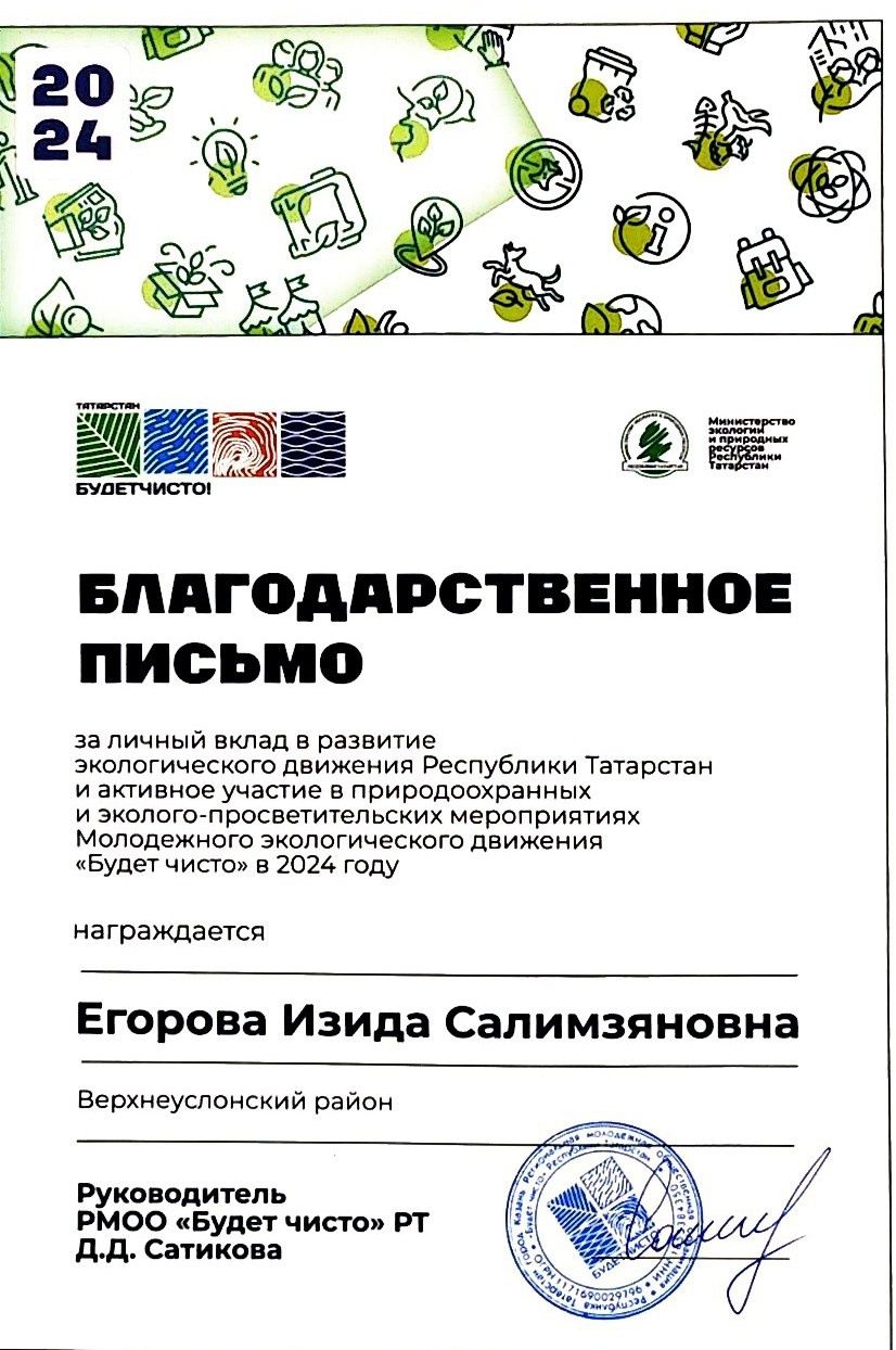 Педагоги Верхнеуслонской «Радуги» получили Благодарственные письма за развитие экодвижения в Татарстане